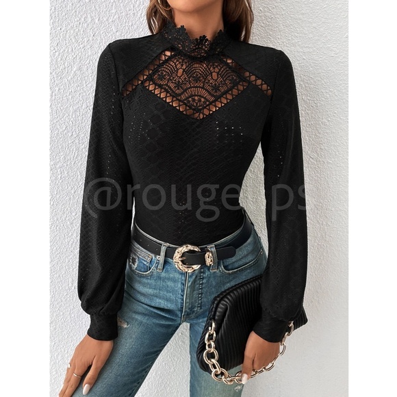 Black Lace Guipure Eyelet Mock Neck Long Sleeve Tee Shirt  Fitted - Picture 1 of 7